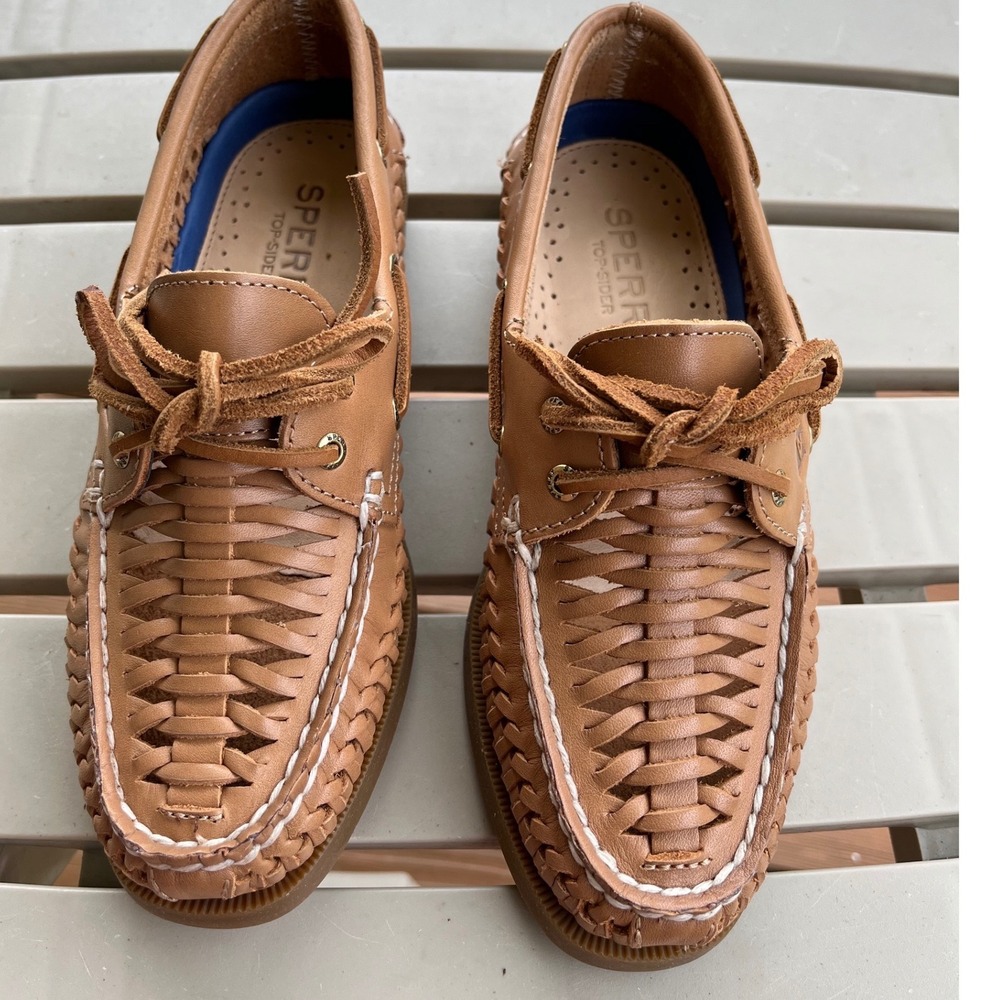 Sperry Top-Sider Authentic Original 2-Eye Woven Tan Leather Boat Shoes Womens 5